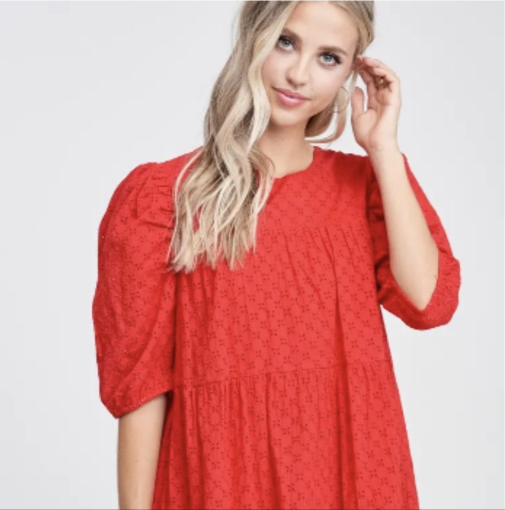 En Saison Tiered Eyelet Red Shift Minidress Small